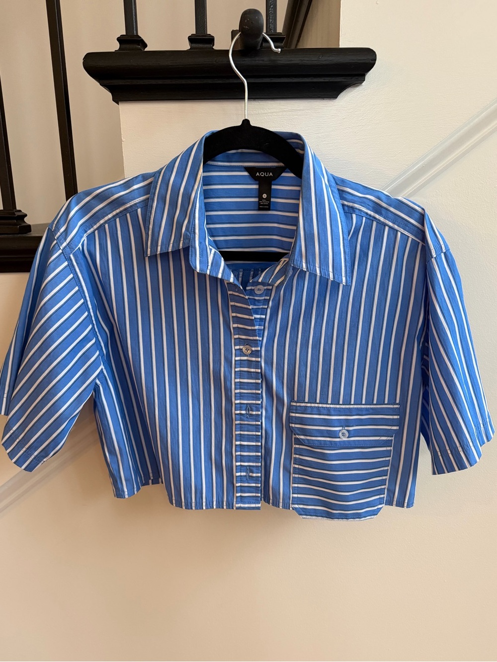 Aqua Blue and White Striped Cropped Button-Down Shirt